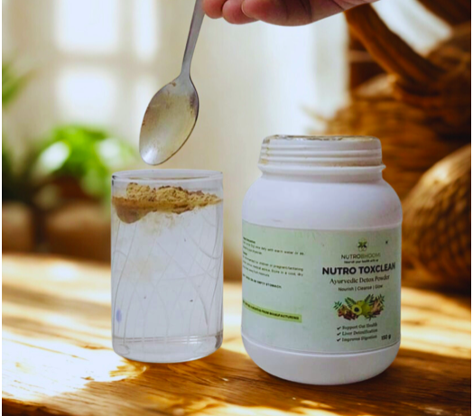 Step-by-step preparation of detox drink showing powder, lemon, honey and warm water in glass